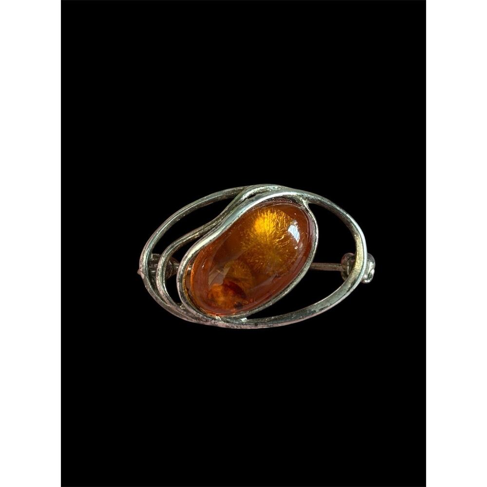 Baltic Amber Sterling Silver Cabochon Lapel Brooch Pin 925